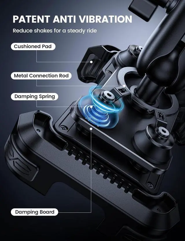 Alt view image 3 of 7 - Lamicall Motorcycle Phone Mount Holder - [Dual Vibration Dampener] [Metal Adjustment Arm] Motorcycle Cell Phone Holder, Bike Handlebar Phone Mount, for iPhone 16/15/ 14/13 Pro Max, 4.7-6.7" Phones