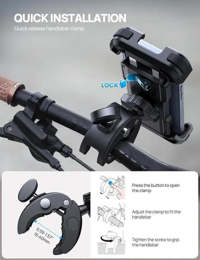 Alt view image 4 of 7 - Bike Motorcycle Phone Holder Mount - [2025 Quick Release] Bike Phone Holder Handlebar Clamp, Bicycle Scooter Phone Clip for iPhone 16 15 14 13 12 11 Pro Max Plus Mini, 4.7-6.8" Smartphone