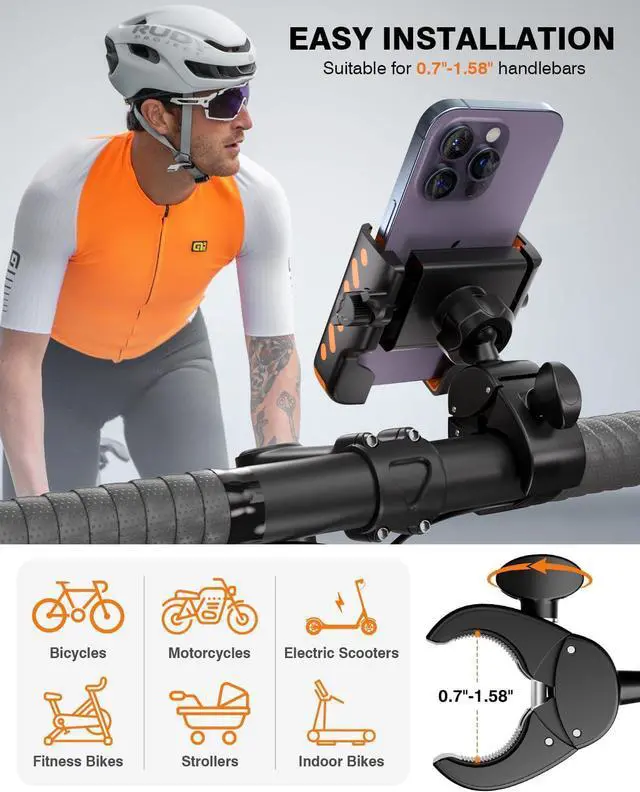 Alt view image 6 of 7 - Bike Phone Holder, [No Block Camera] Motorcycle Phone Mount, [Quick Release] Silicone Wrapped & 360° Rotate Handlebar Clamp for Electric Scooter, Compatible with 4"- 7" iPhone & Android Phones