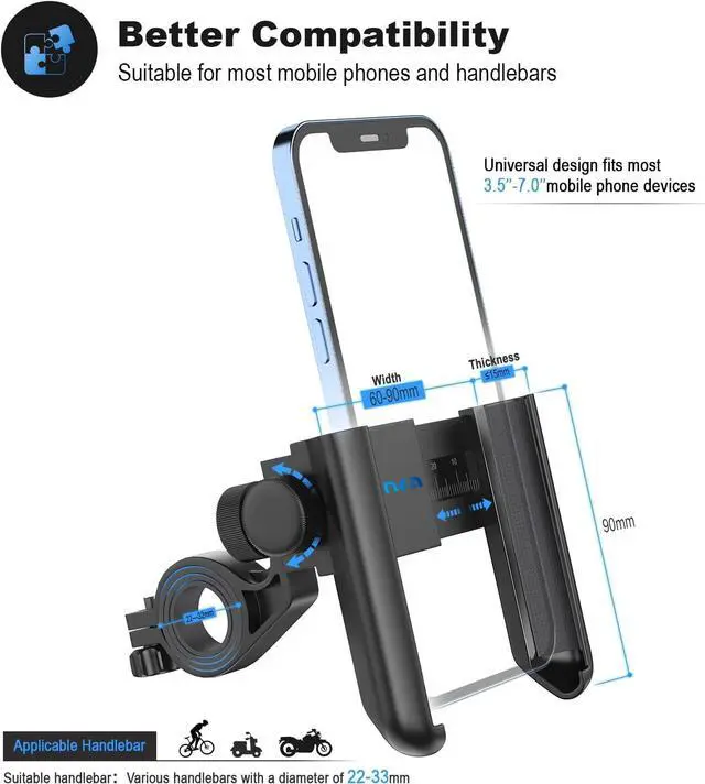 Alt view image 4 of 7 - Upgraded Bike Phone Mount 360° Rotatable Universal Bicycle Motorcycle Scooter Bike Accessories Handlebar Phone Clip Holder for Any Smartphones Between 3.5 and 7.0 inches