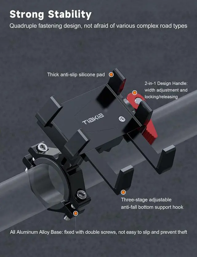 Alt view image 2 of 7 - Tiakia Aluminum Bike Phone Mount Holder, [2024 Upgrade] Motorcycle Phone Mount, [1s Lock] Handlebar Mounted Cell Phone Holder, 360° Rotation, Universal Bicycle Phone Mount for 4.5-7 Inch Phones