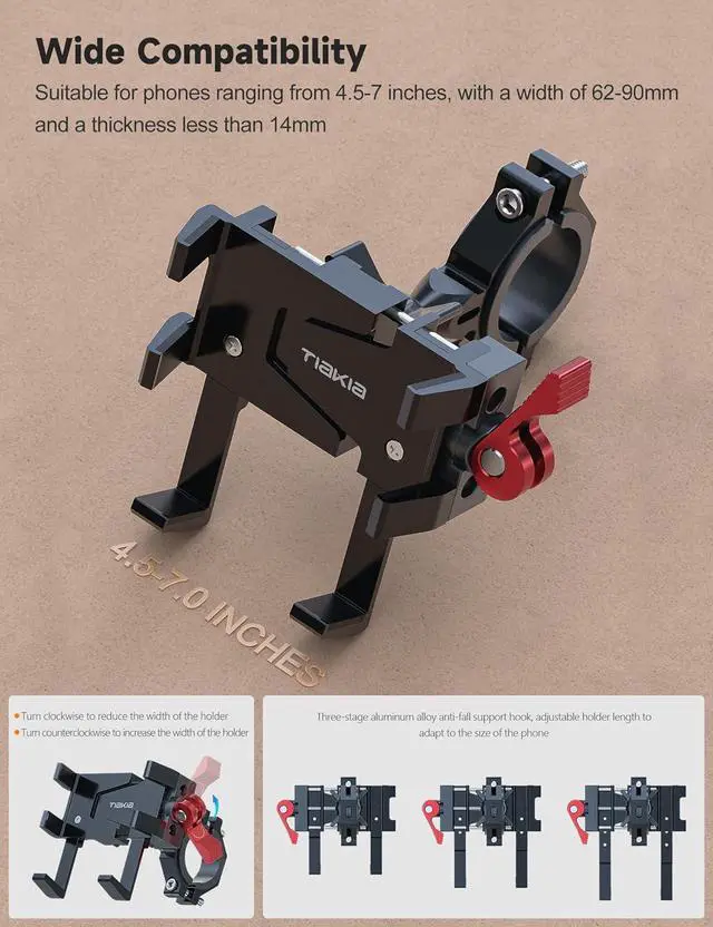 Alt view image 4 of 7 - Tiakia Aluminum Bike Phone Mount Holder, [2024 Upgrade] Motorcycle Phone Mount, [1s Lock] Handlebar Mounted Cell Phone Holder, 360° Rotation, Universal Bicycle Phone Mount for 4.5-7 Inch Phones