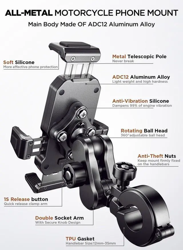 Alt view image 5 of 6 - JOYROOM Aluminum Alloy Motorcycle Phone Mount with Vibration Dampener, Motorcycle Phone Holder for Motorcycle Harley Bike Bicycle Scooter ATV/UTV, Compatible with iPhone, Samsung, All Cell Phones