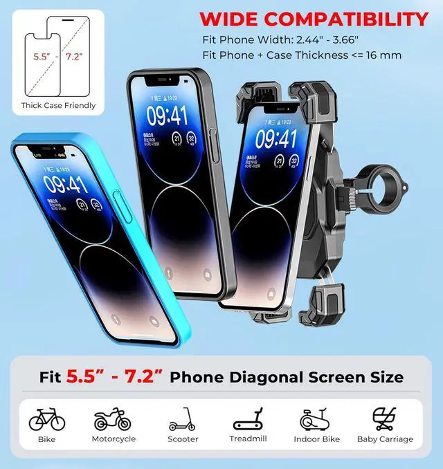 Alt view image 6 of 7 - Motorcycle Phone Mount, 1s Lock Bike Phone Holder, One-Handed Operation Motorcycle Cellphone Holder with Aluminum Alloy Handlebar Mounting Base for Bicycle Scooter, Fit 5.5"-7.2" Smartphone
