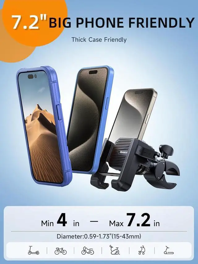 Alt view image 6 of 6 - Bike Phone Holder Mount [Military Anti Vibration] 2024 Universal Motorcycle Phone Mount Handlebar Clamp for Electric Scooter, Mountain, Dirt Bike, Compatible with Phone 4-7.2"