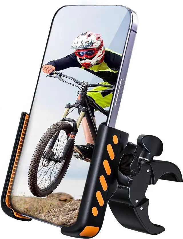 Main image of Bike Phone Holder, Motorcycle Phone Mount, No Block Camera & 360° Rotation, Handlebar Clamp for Ebike, Stroller, Scooter, Compatible with All 4.5"-6.9" Cell Phones 15 Pro Max Samsung S24