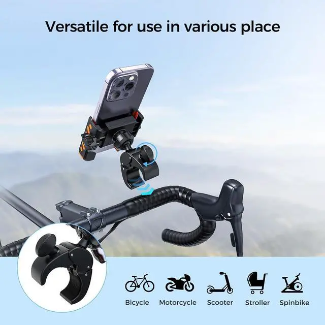Alt view image 6 of 6 - Bike Phone Holder, Motorcycle Phone Mount, No Block Camera & 360° Rotation, Handlebar Clamp for Ebike, Stroller, Scooter, Compatible with All 4.5"-6.9" Cell Phones 15 Pro Max Samsung S24