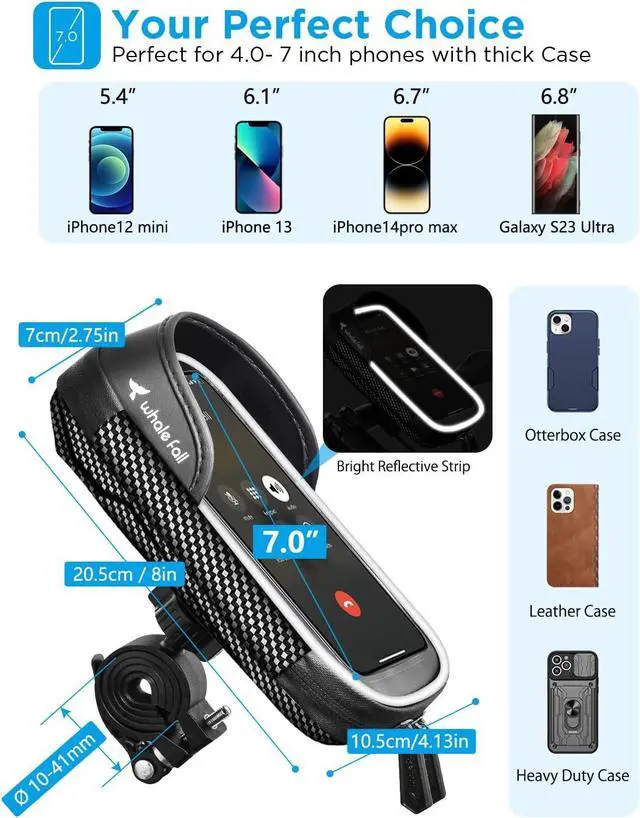 Alt view image 2 of 7 - whale fall 360°Rotatable Bike Phone Holder, Bike Phone Mount with Reflective Strip Waterproof Bike Bag Bike Accessories Motorcycle Electric Bike Cell Phone Holder for Phones Under 7''