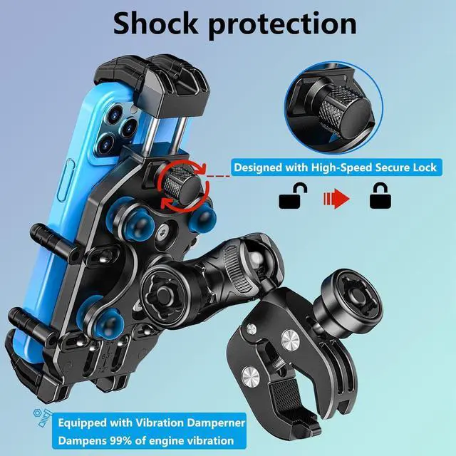 Alt view image 2 of 7 - Motorcycle Phone Mount with Vibration Dampener & High-Speed Secure Lock, Anti-Theft ATV Scooter Motorcycle Handlebar Phone Holder for 5.4 to 7.2 Smartphone