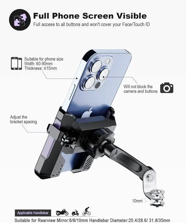 Alt view image 3 of 7 - Motorcycle Phone Holder Handlebar Mount Motorbike Phone Holder Rearview Mirror2 Connection Methods+1S Quick Disassembly with 360 Rotate for 4.0-7.0 inch smartphone