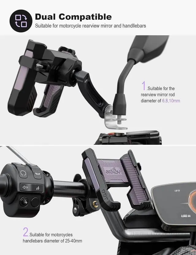 Alt view image 4 of 7 - Motorcycle Phone Holder Handlebar Mount Motorbike Phone Holder Rearview Mirror2 Connection Methods+1S Quick Disassembly with 360 Rotate for 4.0-7.0 inch smartphone
