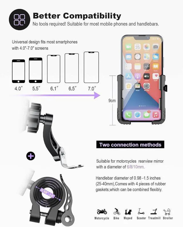 Alt view image 5 of 7 - Motorcycle Phone Holder Handlebar Mount Motorbike Phone Holder Rearview Mirror2 Connection Methods+1S Quick Disassembly with 360 Rotate for 4.0-7.0 inch smartphone