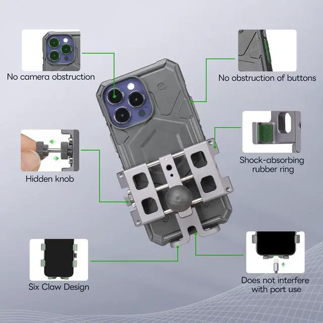 Alt view image 3 of 7 - FANAUE CPC-09 Motorcycle Phone Mount with 1 Inch Ball Head for RAM Mounts B Size Double Socket Arm and Scooter UTV/ATV Bike Phone Holder, Aluminum Alloy Mobile Phones Clip for 5.5-7" Smartphone.