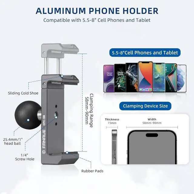 Alt view image 2 of 7 - FANAUE Aluminum Phone Holder with 1" Ball Head Adapter Compatible with RAM mounts B Size Double Socket arm (CPC-08)