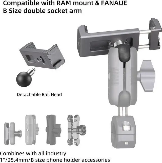 Alt view image 3 of 7 - FANAUE Aluminum Phone Holder with 1" Ball Head Adapter Compatible with RAM mounts B Size Double Socket arm (CPC-08)