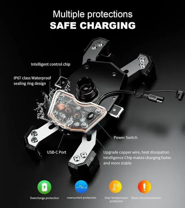 Alt view image 3 of 6 - KEWIG Motorcycle Phone Mount with Qi 15W Wireless Charger & USB C 20W Fast Charging Port, One-Push Automatically Lock & Quick Release Waterproof Handlebar Phone Holder for 4.0-6.9" Phone