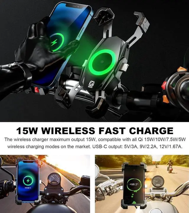 Alt view image 4 of 6 - KEWIG Motorcycle Phone Mount with Qi 15W Wireless Charger & USB C 20W Fast Charging Port, One-Push Automatically Lock & Quick Release Waterproof Handlebar Phone Holder for 4.0-6.9" Phone