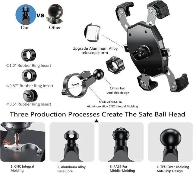 Alt view image 5 of 6 - KEWIG Motorcycle Phone Mount with Qi 15W Wireless Charger & USB C 20W Fast Charging Port, One-Push Automatically Lock & Quick Release Waterproof Handlebar Phone Holder for 4.0-6.9" Phone