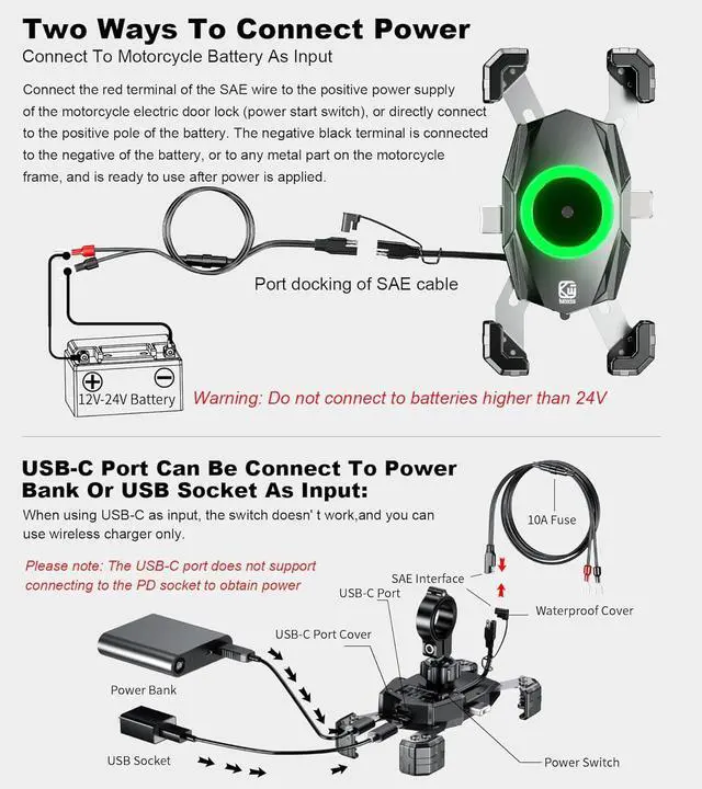 Alt view image 2 of 6 - KEWIG Motorcycle Phone Mount with Qi 15W Wireless Charger & USB C 20W Fast Charging Port, One-Push Automatically Lock & Quick Release Waterproof Handlebar Phone Holder for 4.0-6.9" Phone