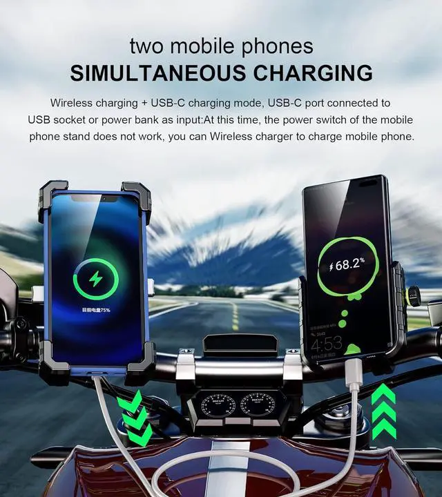 Alt view image 6 of 6 - KEWIG Motorcycle Phone Mount with Qi 15W Wireless Charger & USB C 20W Fast Charging Port, One-Push Automatically Lock & Quick Release Waterproof Handlebar Phone Holder for 4.0-6.9" Phone