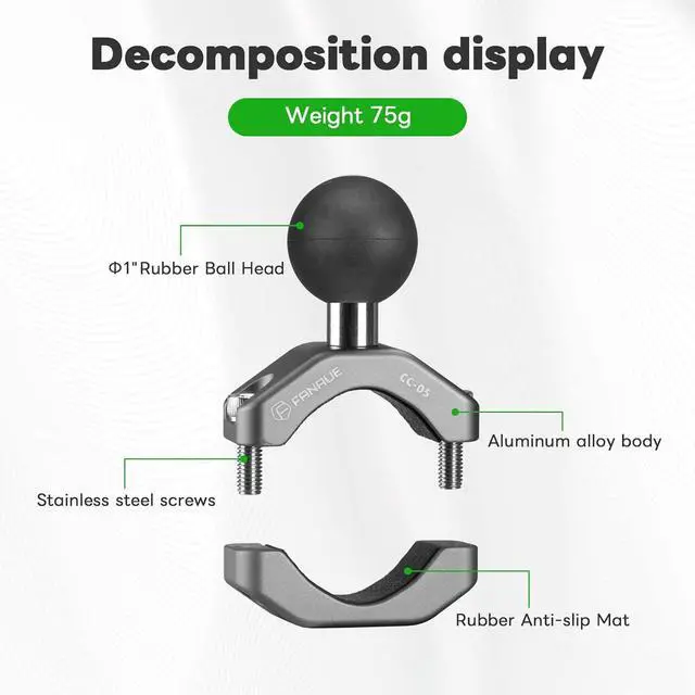 Alt view image 2 of 7 - FANAUE CC-05 Aluminum Handlebar Clamp Mount U-bolt Base Compatible with RAM Mounts B size 1 inch Ball Double Socket Arm & Bike Motorcycle Phone Holder for 0.85" to 1.14" Diameter Rail