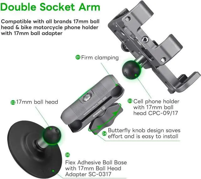 Alt view image 2 of 7 - FANAUE Double Socket Arm Connects to 17mm Ball Head Adapter Only, Compatible with Garmin GPS Mount and Bike Motorcycle Phone Holder, Made of Aluminum Alloy with a Length of 2.44".