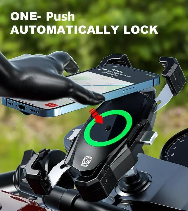 Alt view image 2 of 7 - Kewig Motorcycle Fork Stem Phone Mount with Qi 15W Wireless Charger & USB C 20W Fast Charging Port, One-Push Automatically Lock & Quick Release Waterproof Handlebar Phone Holder for 4.0-6.9" Phone