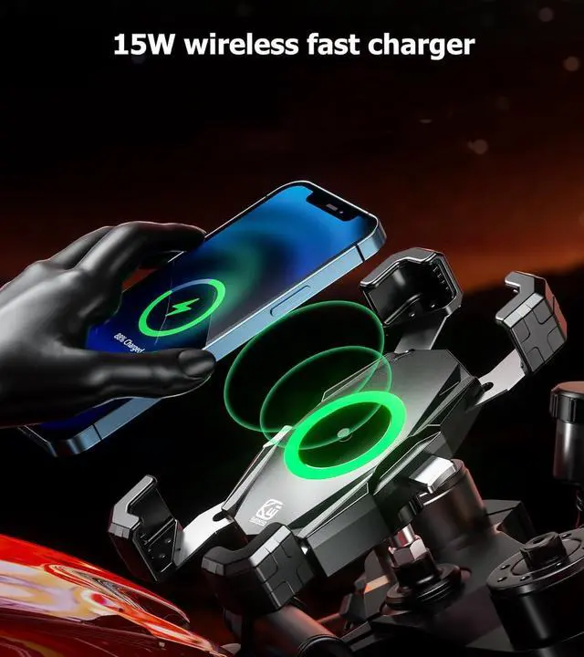 Alt view image 3 of 7 - Kewig Motorcycle Fork Stem Phone Mount with Qi 15W Wireless Charger & USB C 20W Fast Charging Port, One-Push Automatically Lock & Quick Release Waterproof Handlebar Phone Holder for 4.0-6.9" Phone