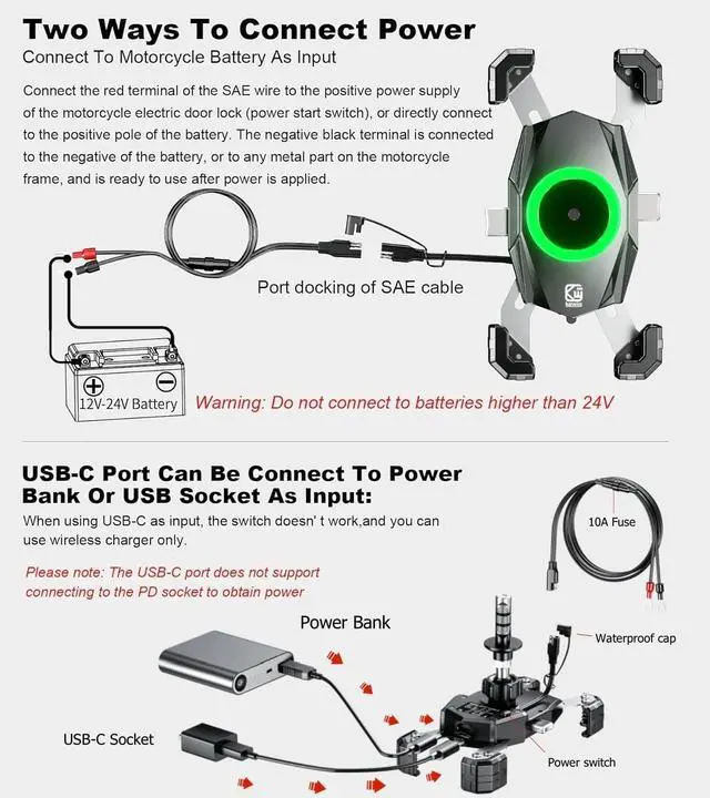 Alt view image 4 of 7 - Kewig Motorcycle Fork Stem Phone Mount with Qi 15W Wireless Charger & USB C 20W Fast Charging Port, One-Push Automatically Lock & Quick Release Waterproof Handlebar Phone Holder for 4.0-6.9" Phone