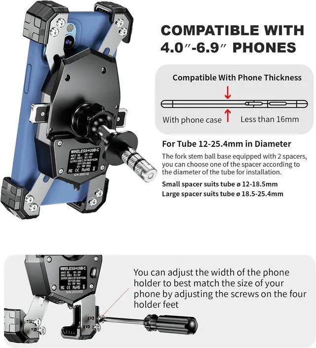 Alt view image 6 of 7 - Kewig Motorcycle Fork Stem Phone Mount with Qi 15W Wireless Charger & USB C 20W Fast Charging Port, One-Push Automatically Lock & Quick Release Waterproof Handlebar Phone Holder for 4.0-6.9" Phone