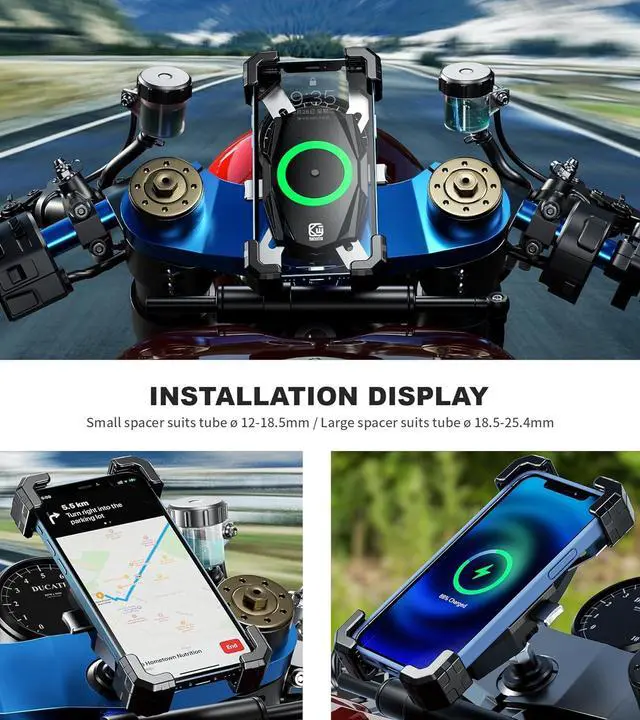 Alt view image 7 of 7 - Kewig Motorcycle Fork Stem Phone Mount with Qi 15W Wireless Charger & USB C 20W Fast Charging Port, One-Push Automatically Lock & Quick Release Waterproof Handlebar Phone Holder for 4.0-6.9" Phone