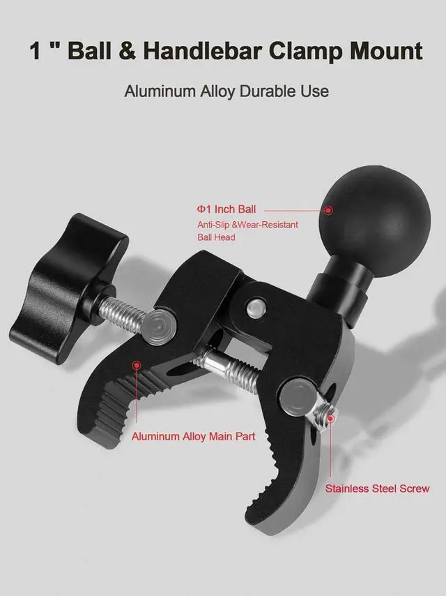 Alt view image 2 of 7 - Aluminium Alloy Handlebar Mount Clamp Base with 1" Ball for Rails 0.5" to 2" in Diameter, Versatile Claw Compatible with RAM mounts B Size Double Socket Arm & Bike Motorcycle Phone Holder