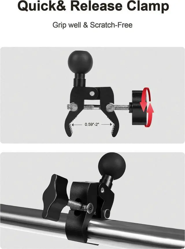 Alt view image 7 of 7 - Aluminium Alloy Handlebar Mount Clamp Base with 1" Ball for Rails 0.5" to 2" in Diameter, Versatile Claw Compatible with RAM mounts B Size Double Socket Arm & Bike Motorcycle Phone Holder