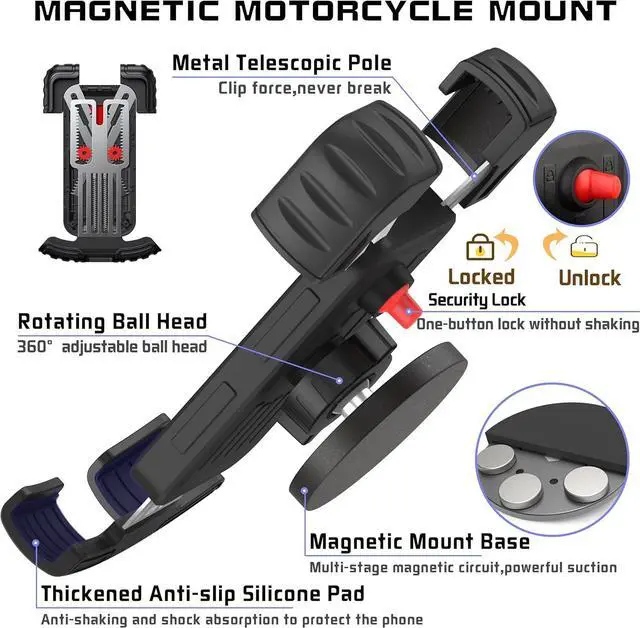 Alt view image 2 of 7 - ULIBERMAGNET Motorcycle Magnetic Phone Mount,Heavy Duty Adjustable Magnetic Cell Phone Holder with Security Lock,Anti Shake 360° Rotation,Compatible with Motorcycles,ATV,UTV,Golf Cart,Car,Cruises