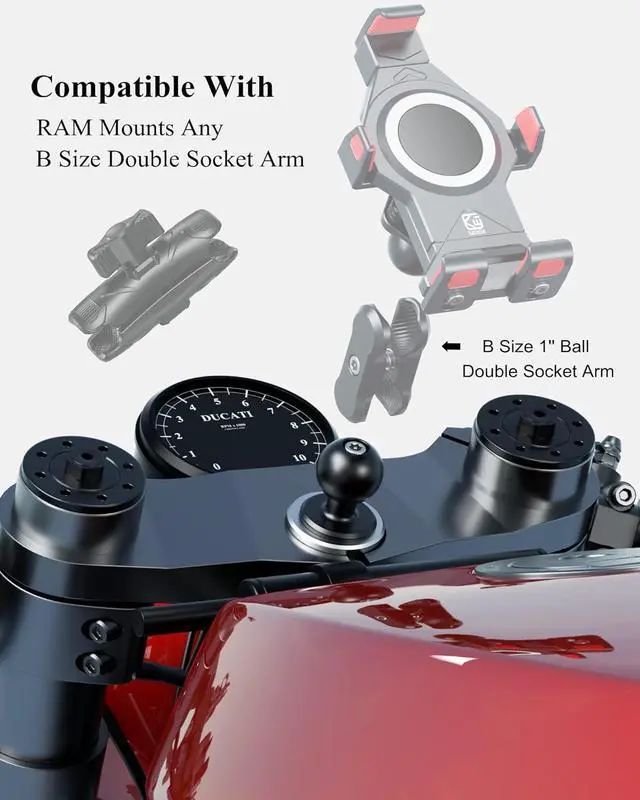 Alt view image 3 of 7 - BRCOVAN Metal Motorcycle Fork Stem Mount Base with 1'' TPU Ball for Stem Holes 12mm to 25.4mm in Diameter, Compatible with RAM Mounts B Size 1 Inch Ball Double Socket Arm