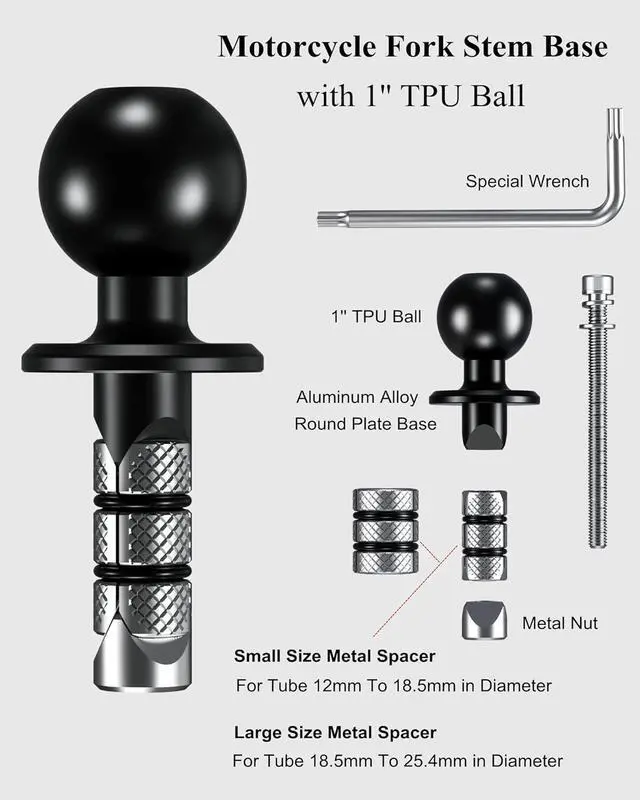 Alt view image 4 of 7 - BRCOVAN Metal Motorcycle Fork Stem Mount Base with 1'' TPU Ball for Stem Holes 12mm to 25.4mm in Diameter, Compatible with RAM Mounts B Size 1 Inch Ball Double Socket Arm