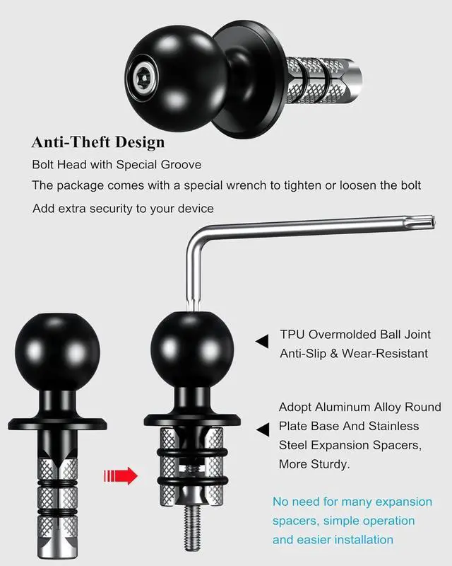 Alt view image 6 of 7 - BRCOVAN Metal Motorcycle Fork Stem Mount Base with 1'' TPU Ball for Stem Holes 12mm to 25.4mm in Diameter, Compatible with RAM Mounts B Size 1 Inch Ball Double Socket Arm