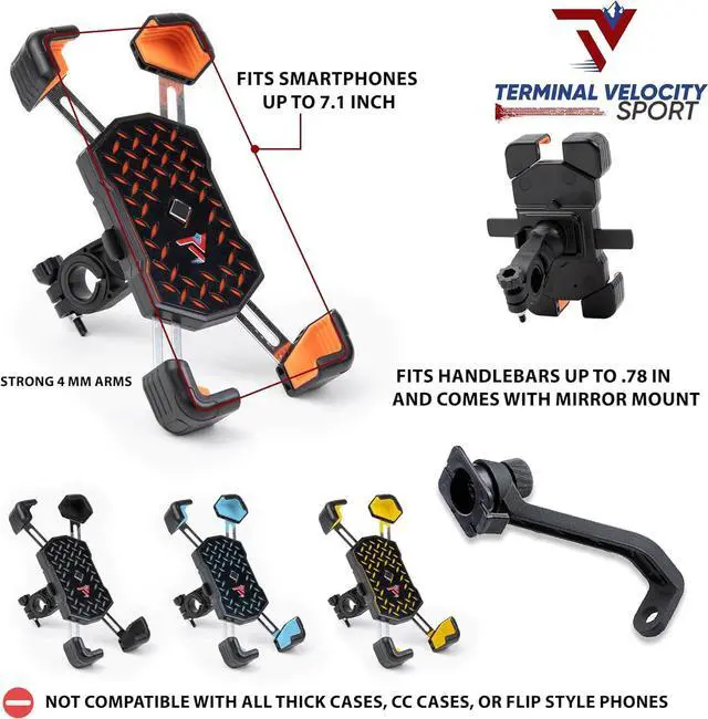 Alt view image 6 of 7 - Terminal Velocity Sport Cell Phone Mount for Motorcycle bicycl E-Bike Scooter Stroller and Stationary Bike. Sturdy, 360 Lockable Design with Speed Release Mirror Mount and rain Cover (Yellow)