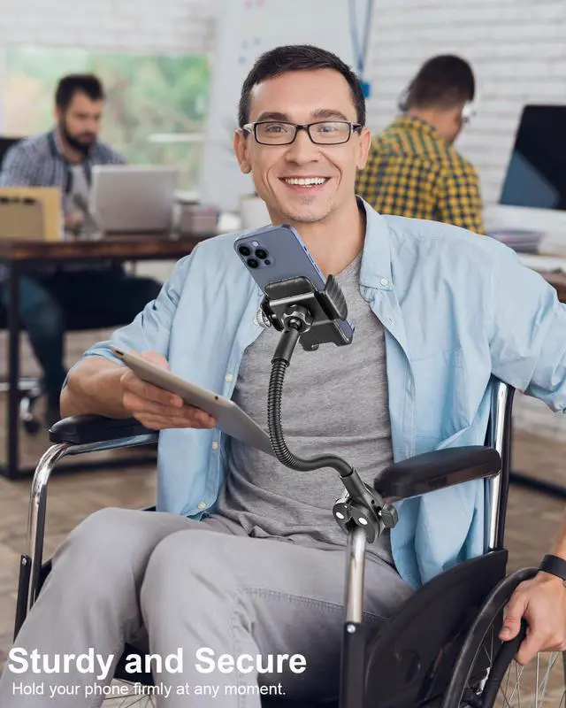 Alt view image 2 of 7 - Gooseneck Phone Holder for Wheelchair, Stroller, Golf Cart, Boat, Mic Stand, Indoor Cycling Bike, Gym Bicycle Handlebar Clamp, Compatible with iPhone 16 Pro Max/15/14/13/12, Android and All Smartphone