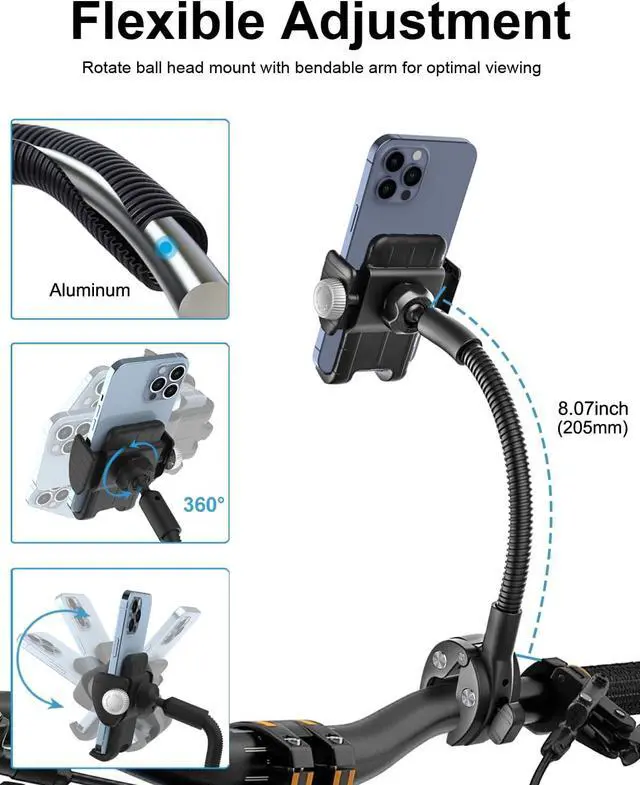 Alt view image 3 of 7 - Gooseneck Phone Holder for Wheelchair, Stroller, Golf Cart, Boat, Mic Stand, Indoor Cycling Bike, Gym Bicycle Handlebar Clamp, Compatible with iPhone 16 Pro Max/15/14/13/12, Android and All Smartphone