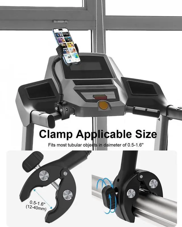 Alt view image 5 of 7 - Gooseneck Phone Holder for Wheelchair, Stroller, Golf Cart, Boat, Mic Stand, Indoor Cycling Bike, Gym Bicycle Handlebar Clamp, Compatible with iPhone 16 Pro Max/15/14/13/12, Android and All Smartphone