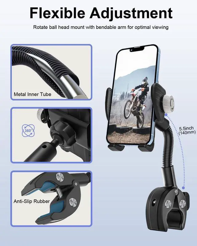 Alt view image 5 of 7 - woleyi Gooseneck Phone Holder for Bike - Motorcycle Phone Mount, 360° Rotatable Adjustable Cell Phone Handlebar Clamp, Scooter Phone Clip, Compatible with 4.7-6.9 iPhone 16 15 14 13 12 11 X 8 Pro Max