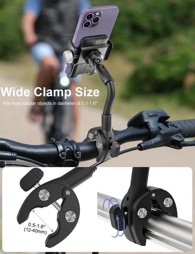 Alt view image 3 of 7 - woleyi Gooseneck Phone Holder for Bike - Motorcycle Phone Mount, 360° Rotatable Adjustable Cell Phone Handlebar Clamp, Scooter Phone Clip, Compatible with 4.7-6.9 iPhone 16 15 14 13 12 11 X 8 Pro Max