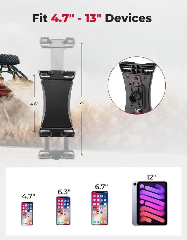 Alt view image 2 of 7 - KEMIMOTO UTV Phone Mount ATV Holder, Fit 4.7"-13" Phone & Tablet, 360° Adjustable Heavy Duty, Compatible with Can-Am Maverick X3 Outlander Polaris RZR Sportsman Kawasaki Talon Viking