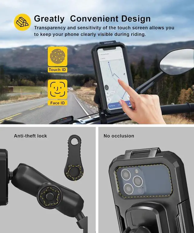 Alt view image 2 of 7 - iMESTOU Waterproof Rearview Mirror Phone Mount, Motorcycle 1" Ball Phone Holder with Anti-Theft Double Socket Arm &Aluminum Ball Base 360° Rotation Fits for 3.5"-6.1" Cellphones (Size S)