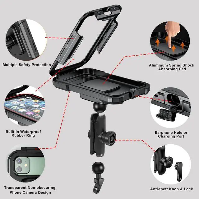 Alt view image 3 of 7 - iMESTOU Waterproof Rearview Mirror Phone Mount, Motorcycle 1" Ball Phone Holder with Anti-Theft Double Socket Arm &Aluminum Ball Base 360° Rotation Fits for 3.5"-6.1" Cellphones (Size S)
