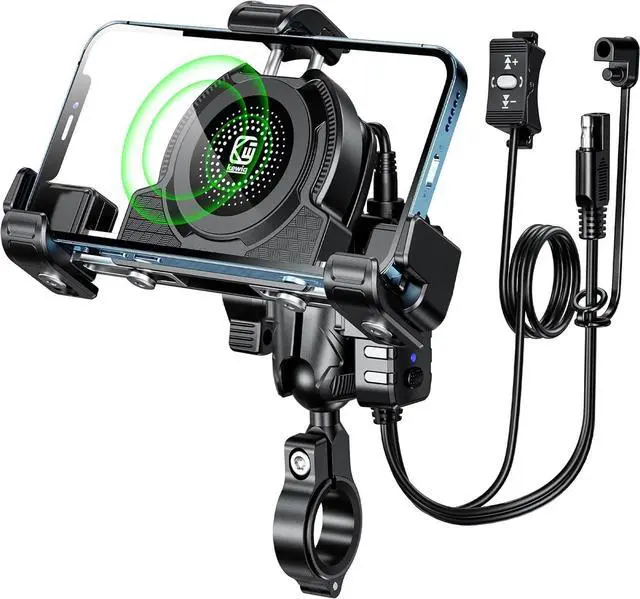 Main image of Kewig Motorcycle Phone Mount with Qi 15W Wireless Charger & USB C 36W Fast Charging Port, No Block Camera, Anti-Theft Phone Holder Handblebar with Vibration Dampener Fit for 5.4-7.2" Phones