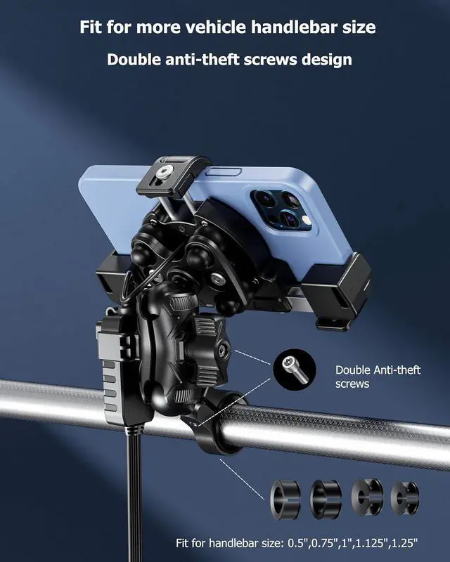 Alt view image 6 of 7 - Kewig Motorcycle Phone Mount with Qi 15W Wireless Charger & USB C 36W Fast Charging Port, No Block Camera, Anti-Theft Phone Holder Handblebar with Vibration Dampener Fit for 5.4-7.2" Phones
