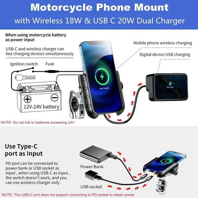 Alt view image 2 of 7 - Kewig Motorcycle Phone Mount with Wireless 15W & USB C 20W Dual Charger, Anti Vibration Motorcycle Phone Holder with Aluminum Alloy Handlebar Mount Base Fit for 4'' - 7.9'' Cellphones