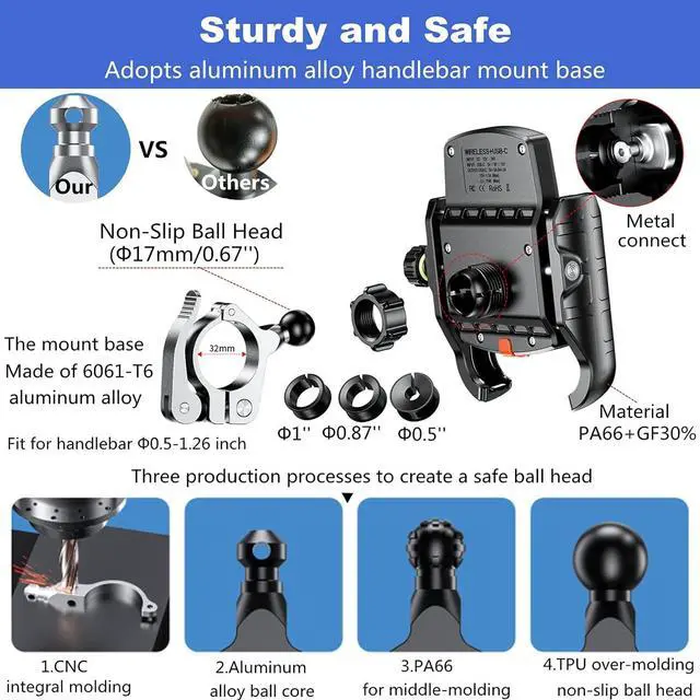 Alt view image 3 of 7 - Kewig Motorcycle Phone Mount with Wireless 15W & USB C 20W Dual Charger, Anti Vibration Motorcycle Phone Holder with Aluminum Alloy Handlebar Mount Base Fit for 4'' - 7.9'' Cellphones
